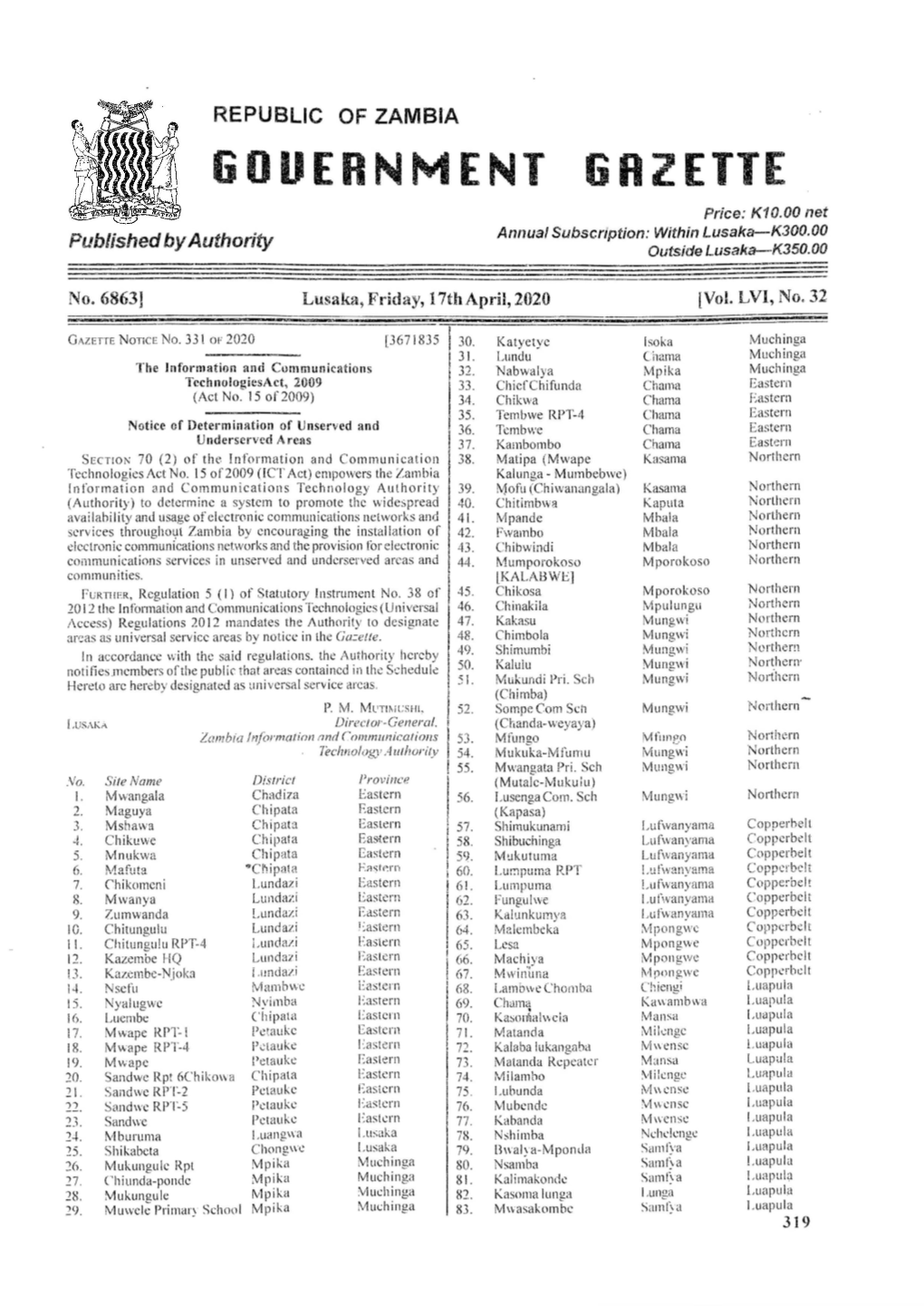 GOVERNMENT GRZETTE Price: K10.00 Net Annual Subscription: Within Lusaka—K300.00 Published by Authority Outside Lusaka—K350.00