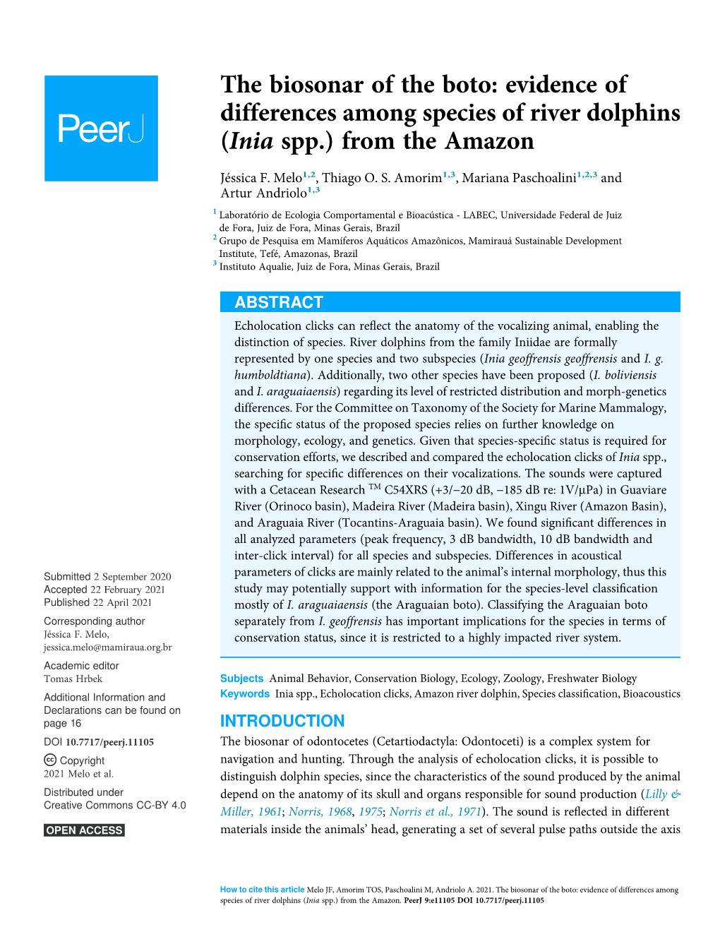 Evidence of Differences Among Species of River Dolphins (Inia Spp.) from the Amazon