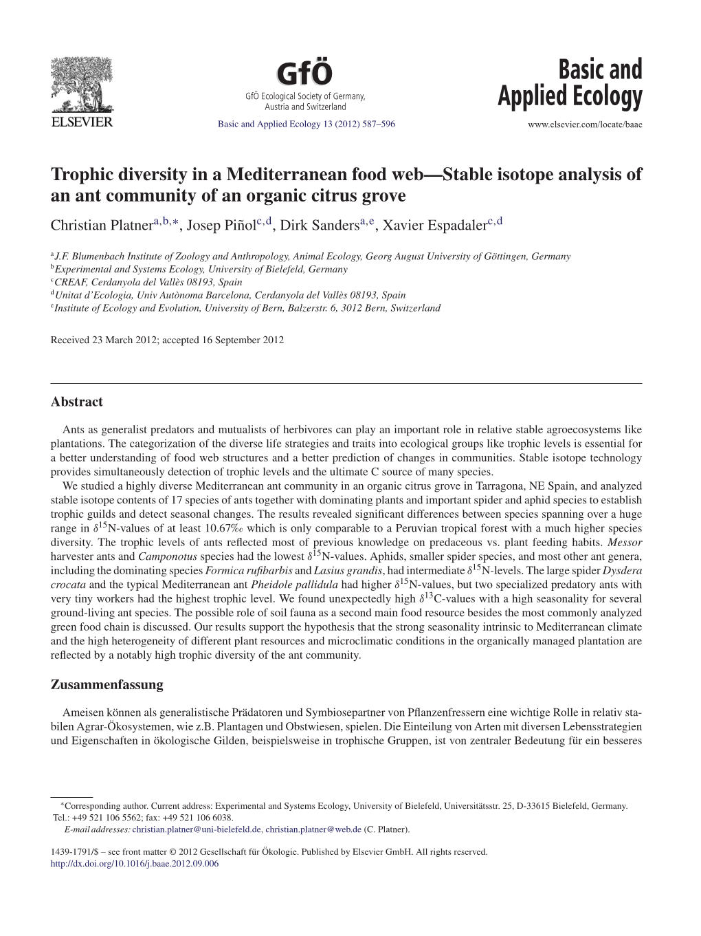 Trophic Diversity in a Mediterranean Food Web—Stable Isotope Analysis