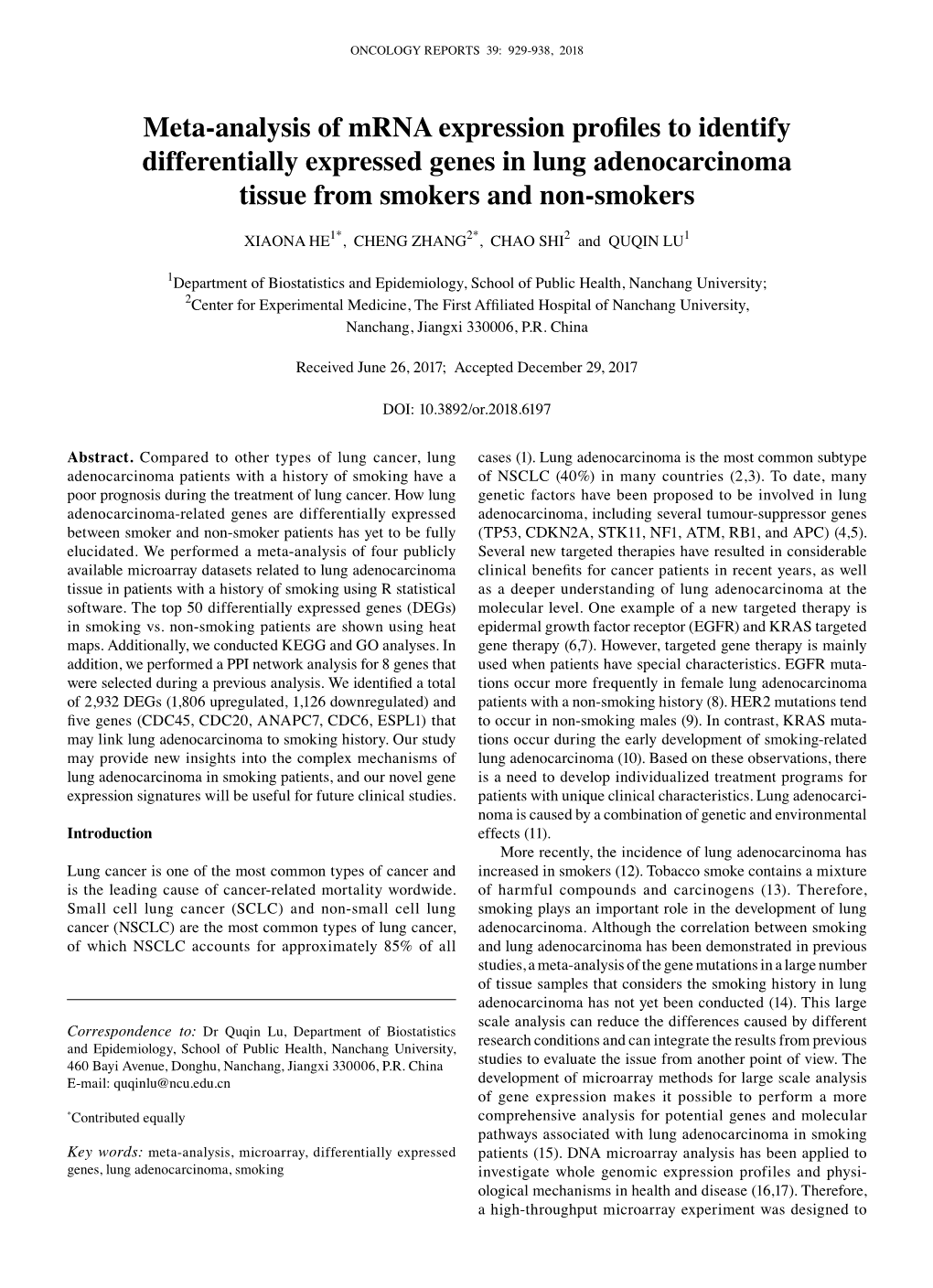 Meta-Analysis of Mrna Expression Profiles to Identify Differentially Expressed Genes in Lung Adenocarcinoma Tissue from Smokers and Non-Smokers