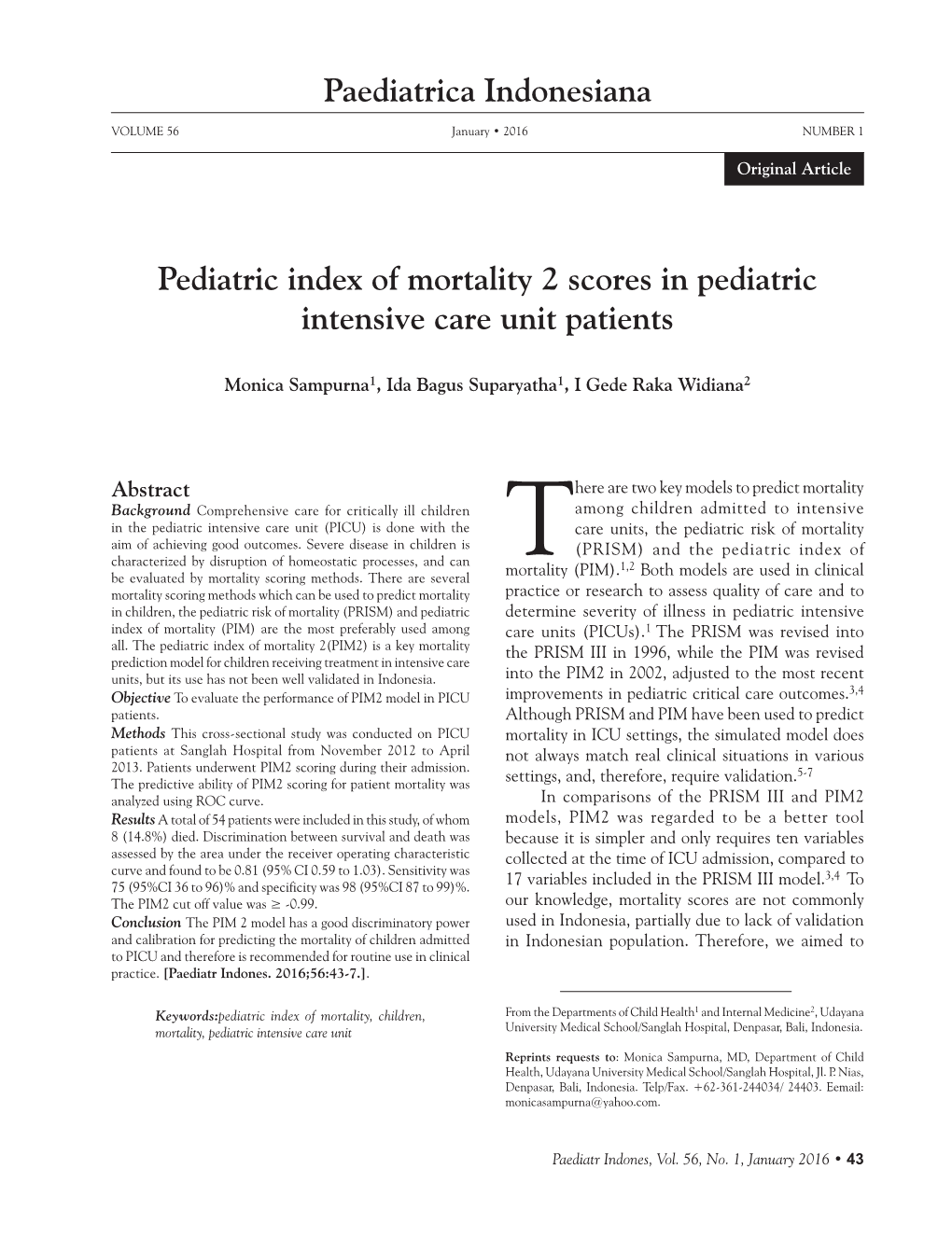 Paediatrica Indonesiana Pediatric Index of Mortality 2 Scores In