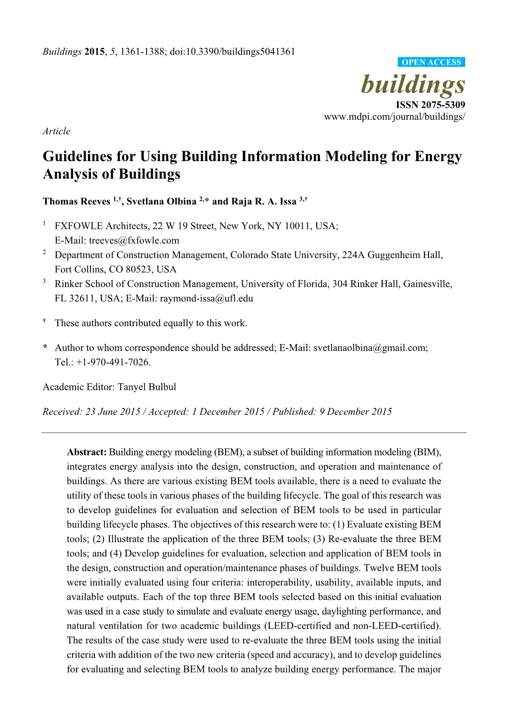 Guidelines for Using Building Information Modeling for Energy Analysis of Buildings