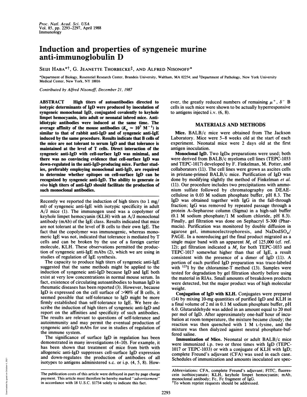 Induction and Properties of Syngeneic Murine Anti-Immunoglobulin D