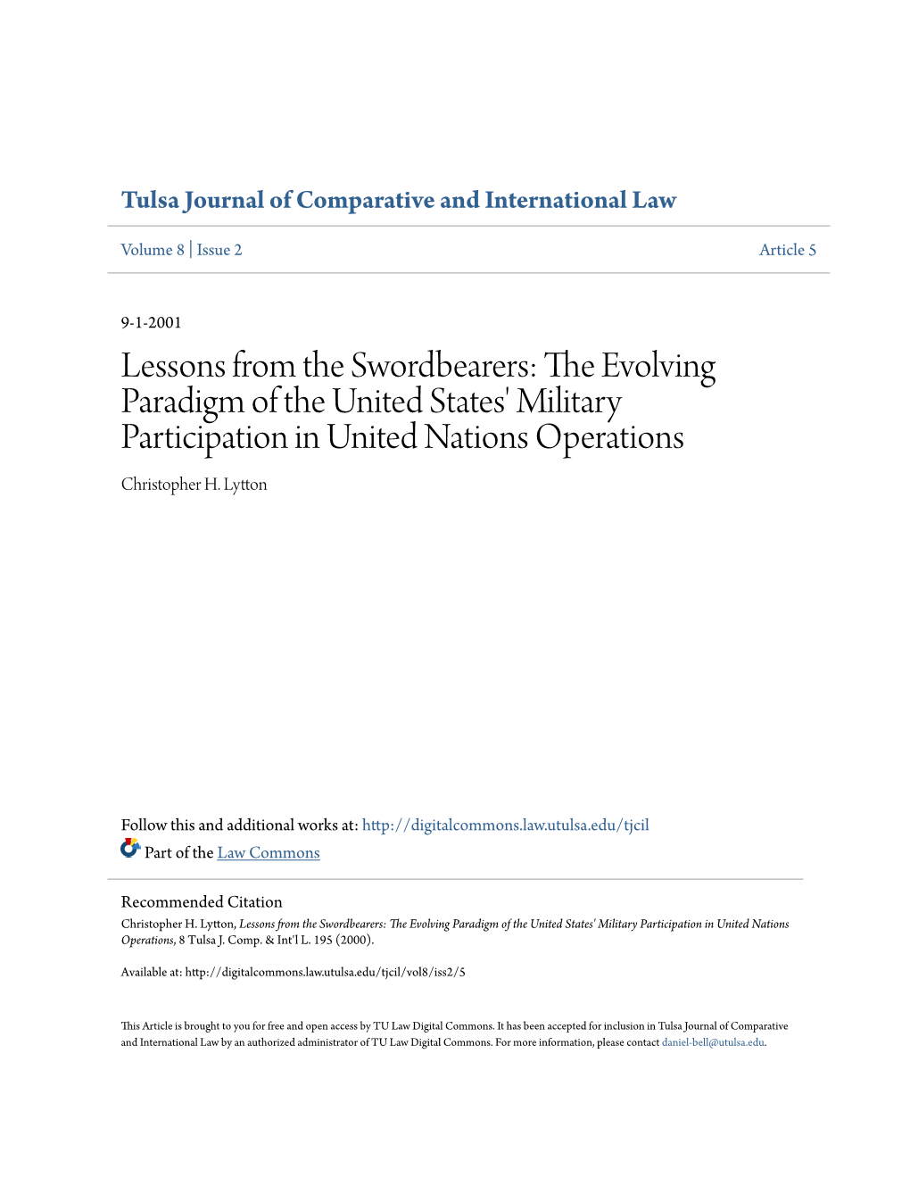 The Evolving Paradigm of the United States' Military Participation in United Nations Operations, 8 Tulsa J