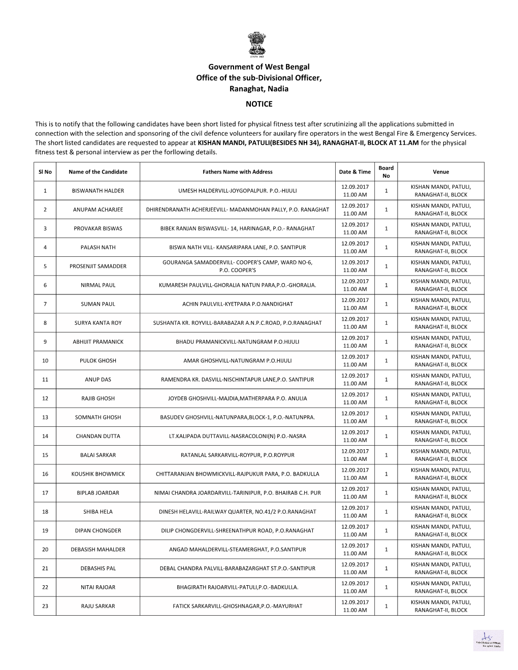 Government of West Bengal Office of the Sub-Divisional Officer, Ranaghat, Nadia NOTICE