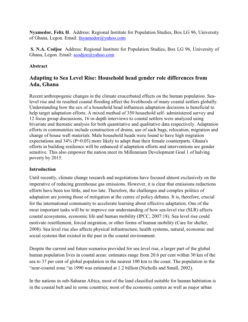 Household Head Gender Role Differences from Ada, Ghana