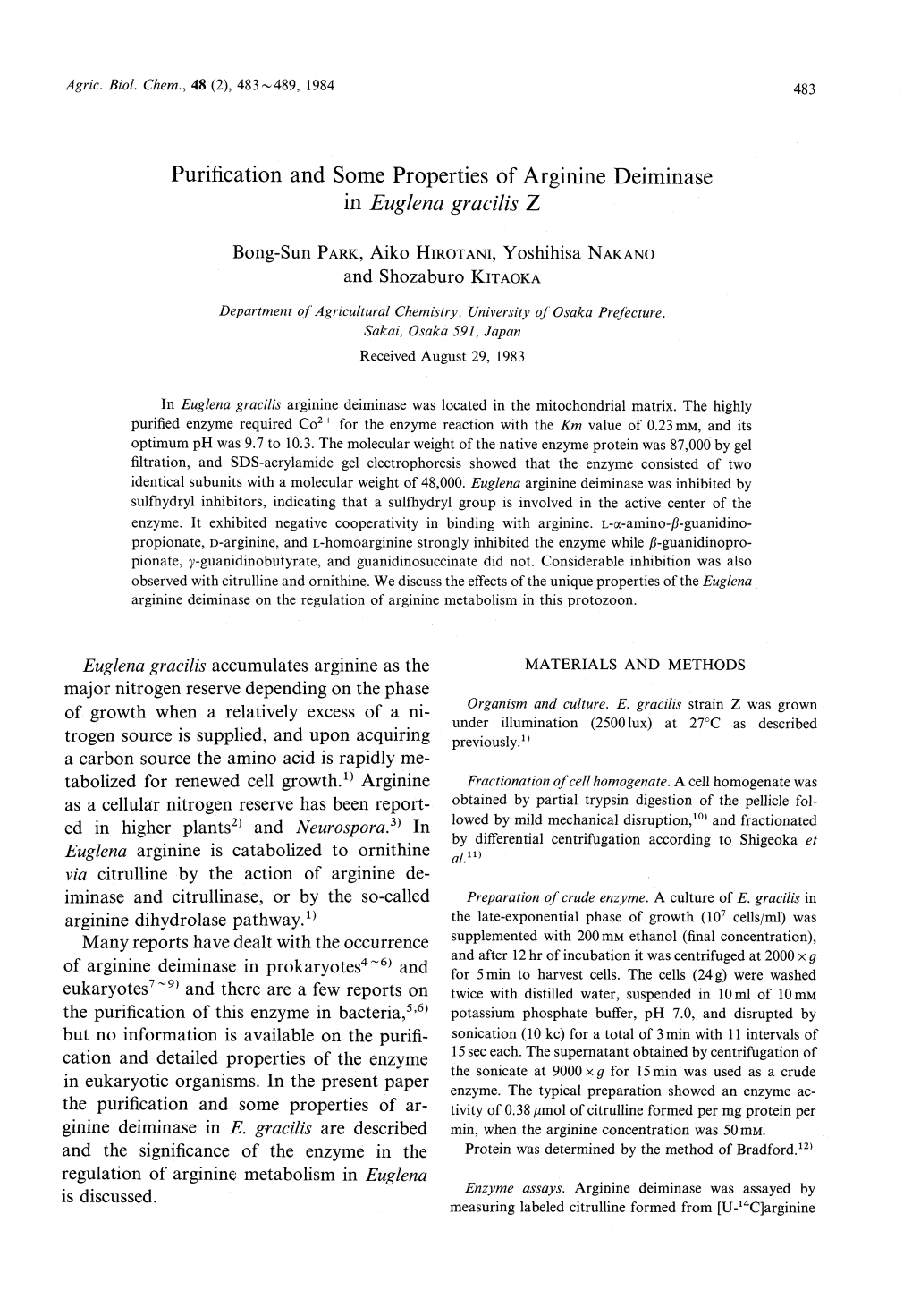 Purification and Someproperties of Arginine Deiminase in Euglena