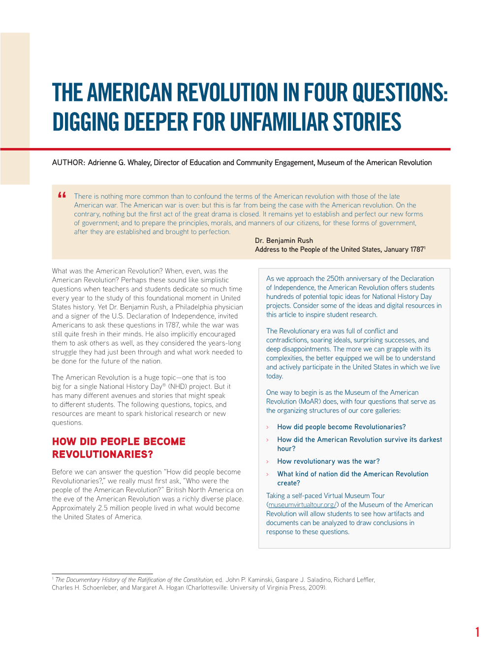 The American Revolution in Four Questions: Digging Deeper for Unfamiliar Stories