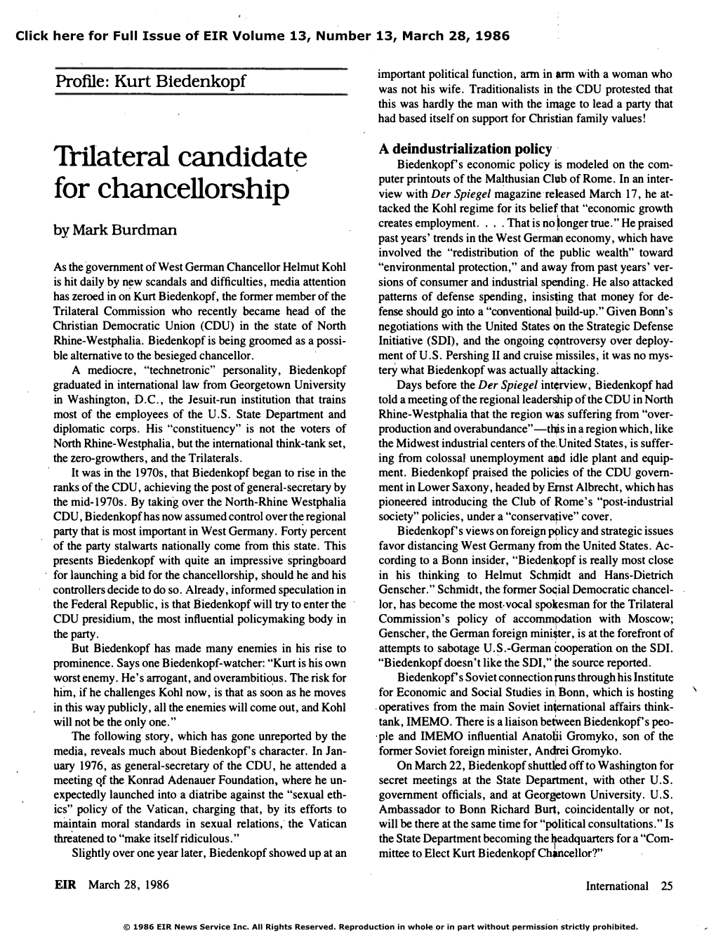 Kurt Biedenkopf: Trilateral Candidate for Chancellorship