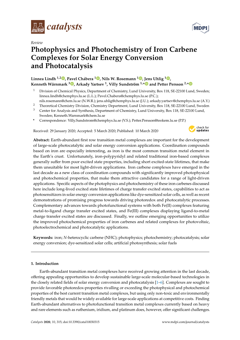 Photophysics and Photochemistry of Iron Carbene Complexes for Solar Energy Conversion and Photocatalysis