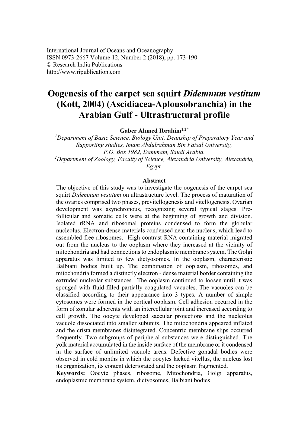 Oogenesis of the Carpet Sea Squirt Didemnum Vestitum (Kott, 2004) (Ascidiacea-Aplousobranchia) in the Arabian Gulf - Ultrastructural Profile