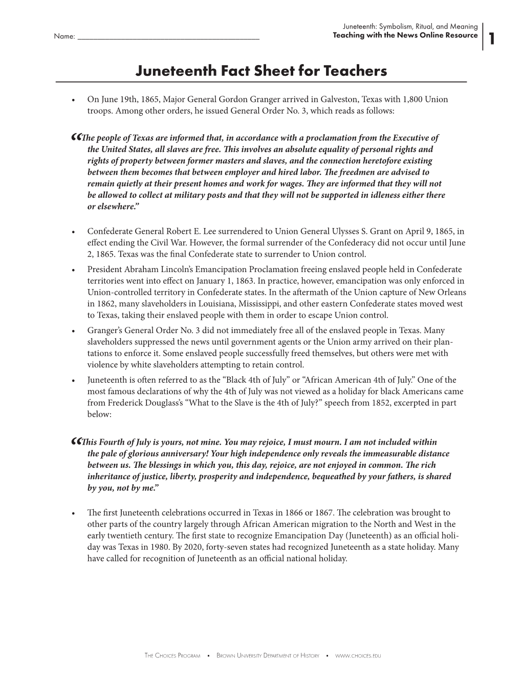 Juneteenth Fact Sheet for Teachers