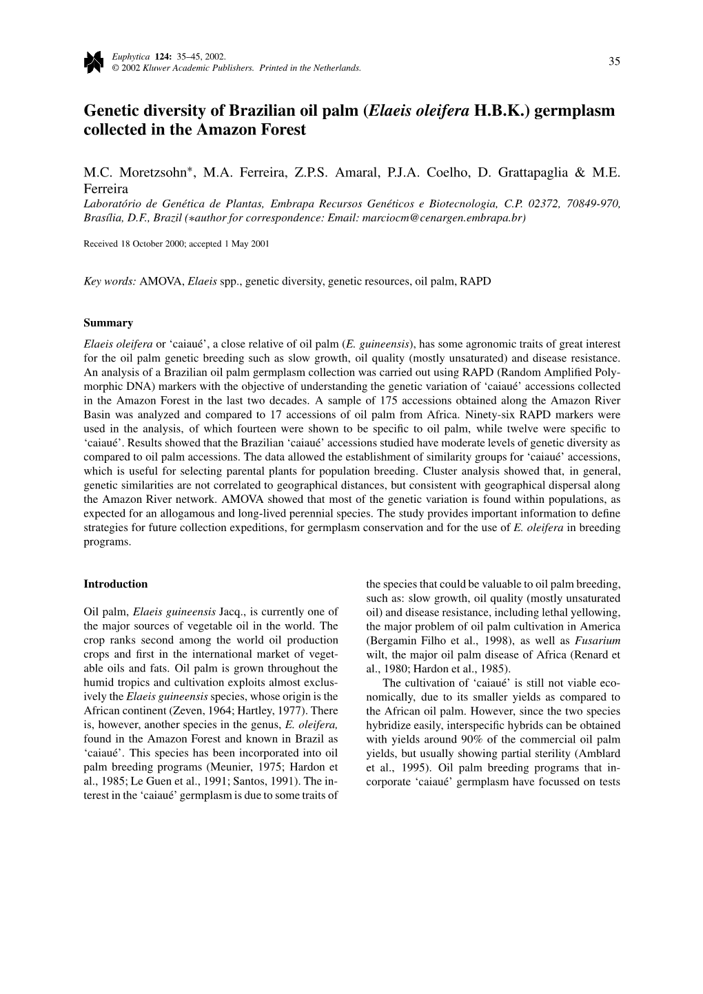 Genetic Diversity of Brazilian Oil Palm (Elaeis Oleifera HBK)