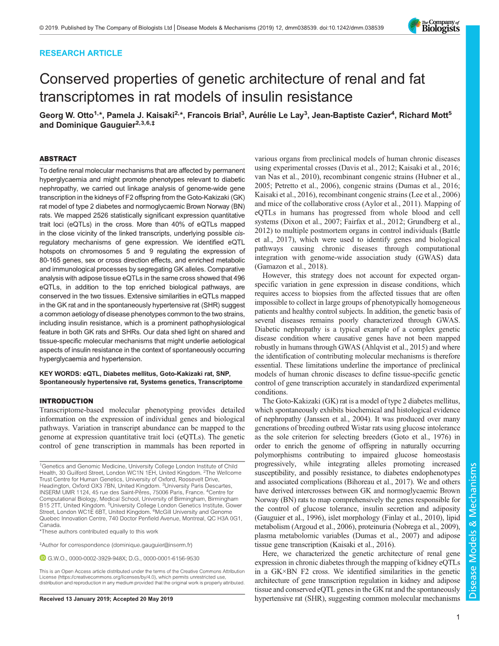 Conserved Properties of Genetic Architecture of Renal and Fat Transcriptomes in Rat Models of Insulin Resistance Georg W