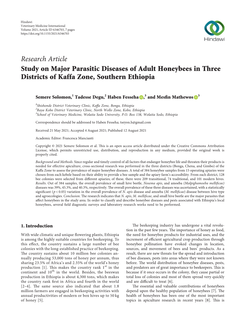 Study on Major Parasitic Diseases of Adult Honeybees in Three Districts of Kaffa Zone, Southern Ethiopia