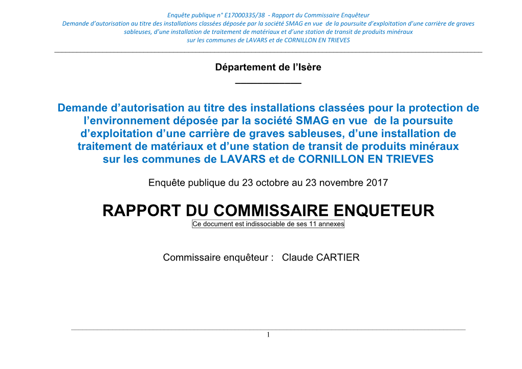 Rapport ICPE Carrière SMAG À Lavars Et Cornillon