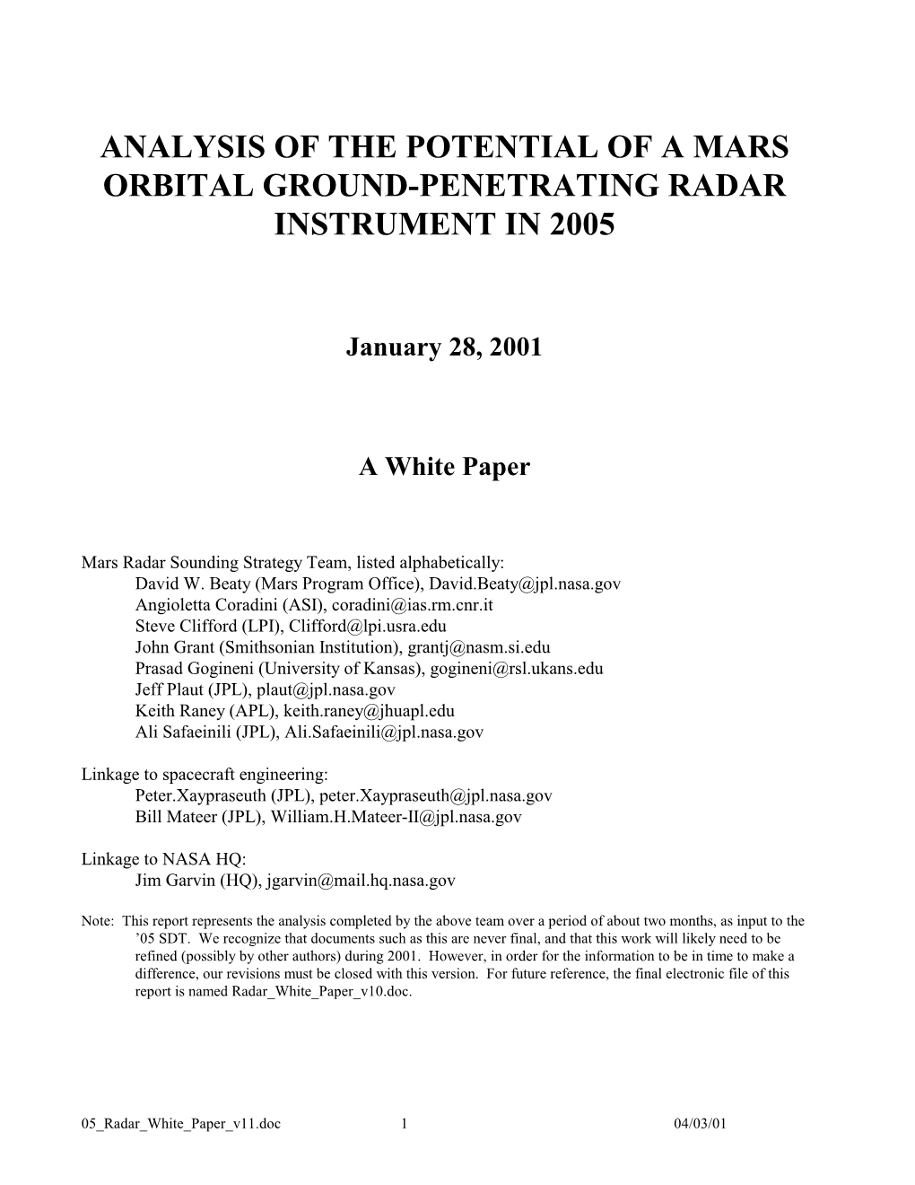 Analysis of the Potential of a Mars Orbital Ground Penetrating Radar