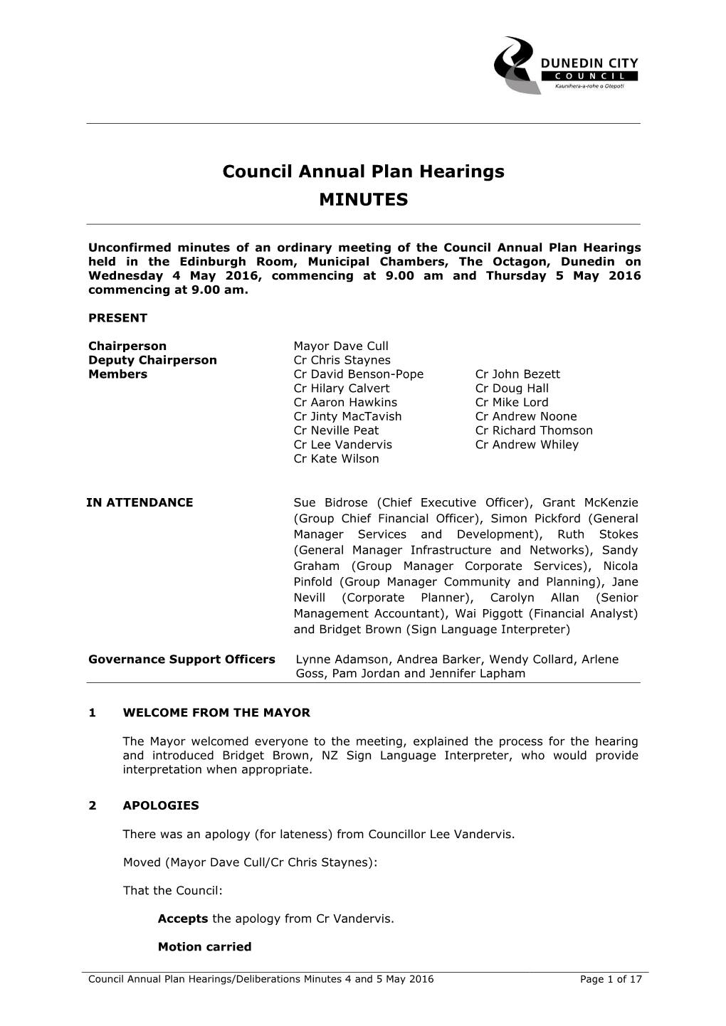 Council Annual Plan Hearings MINUTES