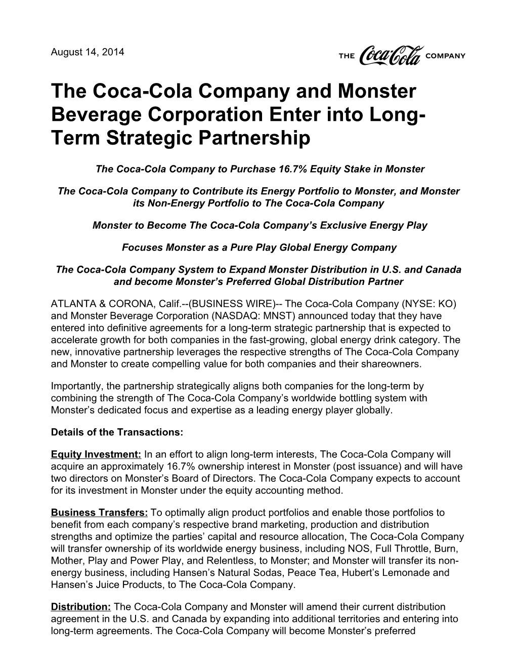 The Coca-Cola Company and Monster Beverage Corporation Enter Into Long- Term Strategic Partnership