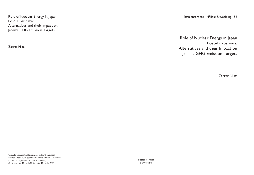 Role of Nuclear Energy in Japan Post–Fukushima: Zarrar Niazi Alternatives and Their Impact on Japan’S GHG Emission Targets