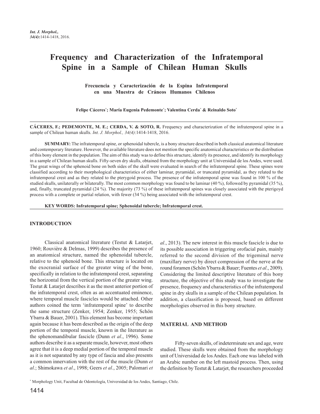 Frequency and Characterization of the Infratemporal Spine in a Sample of Chilean Human Skulls