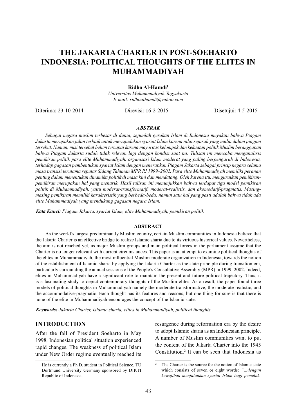 The Jakarta Charter in Post-Soeharto Indonesia: Political Thoughts of the Elites in Muhammadiyah