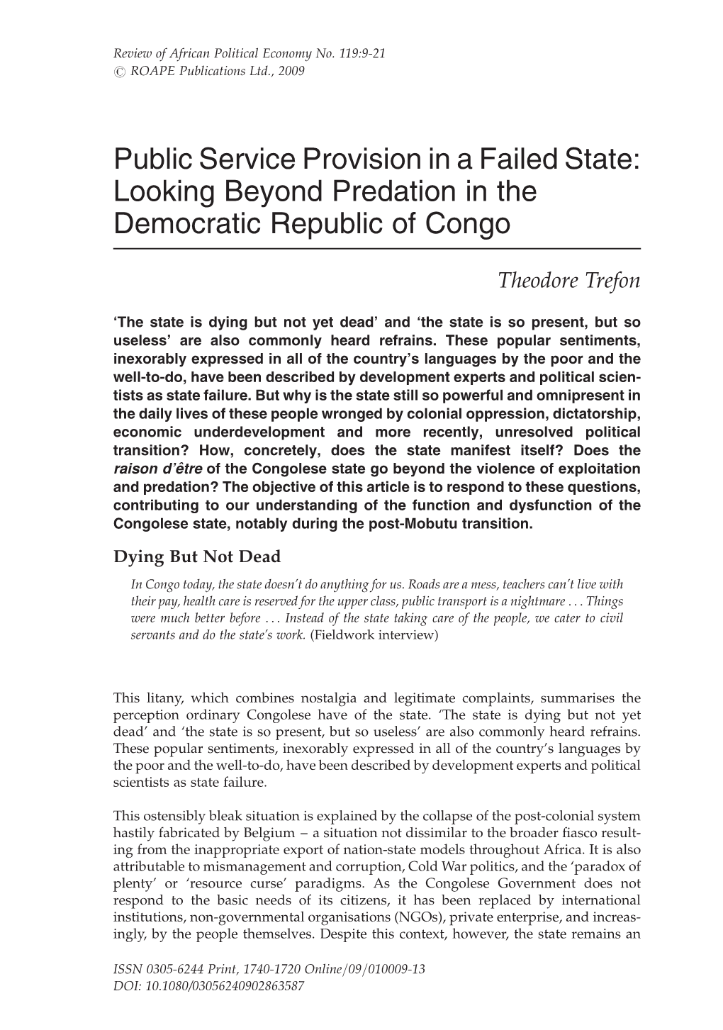 Public Service Provision in a Failed State: Looking Beyond Predation in the Democratic Republic of Congo