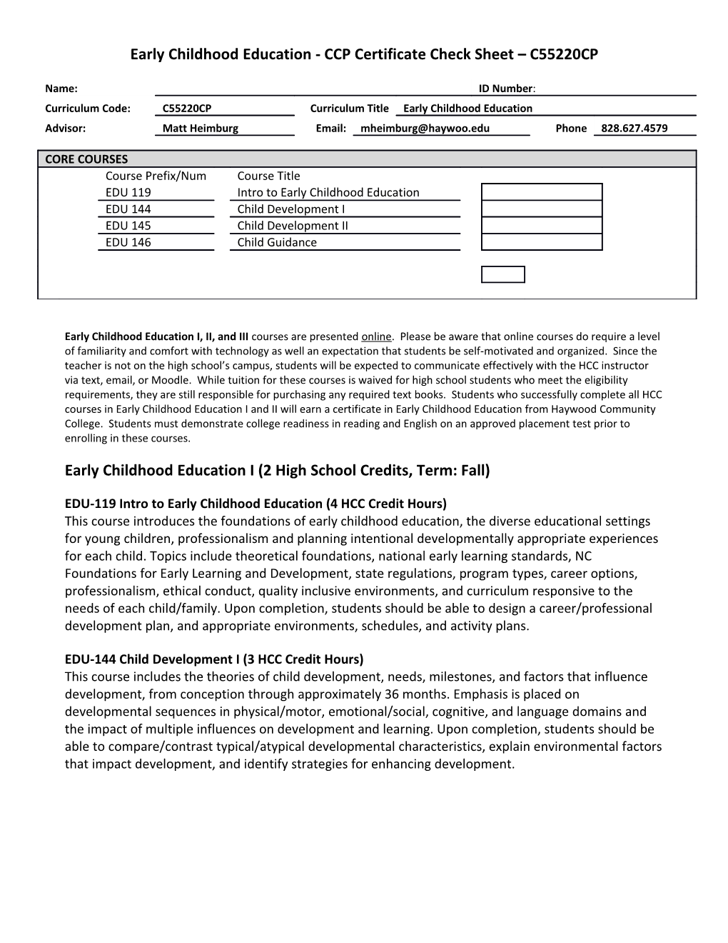 Early Childhood Education I (2 High School Credits, Term: Fall)