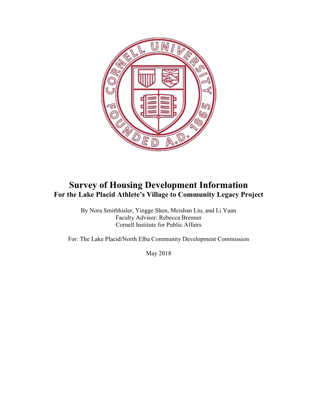 Survey of Housing Development Information for the Lake Placid Athlete’S Village to Community Legacy Project