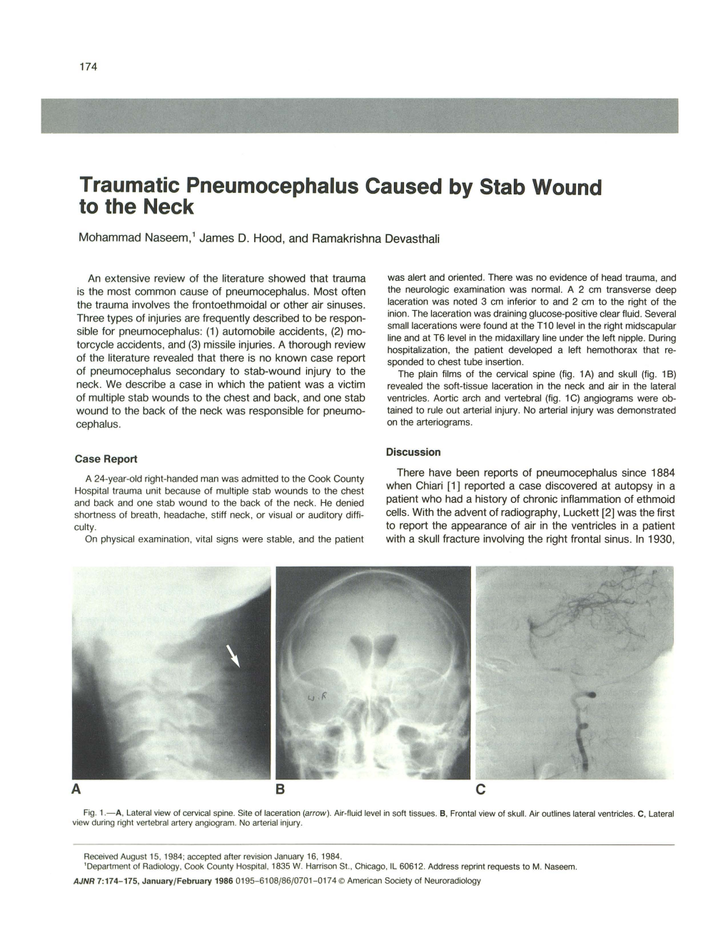 Traumatic Pneumocephalus Caused by Stab Wound to the Neck