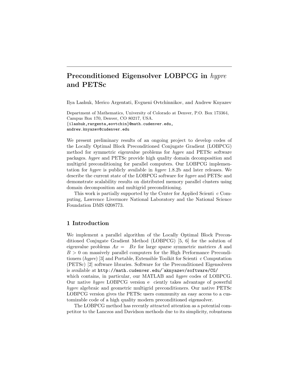 Preconditioned Eigensolver LOBPCG in Hypre and Petsc