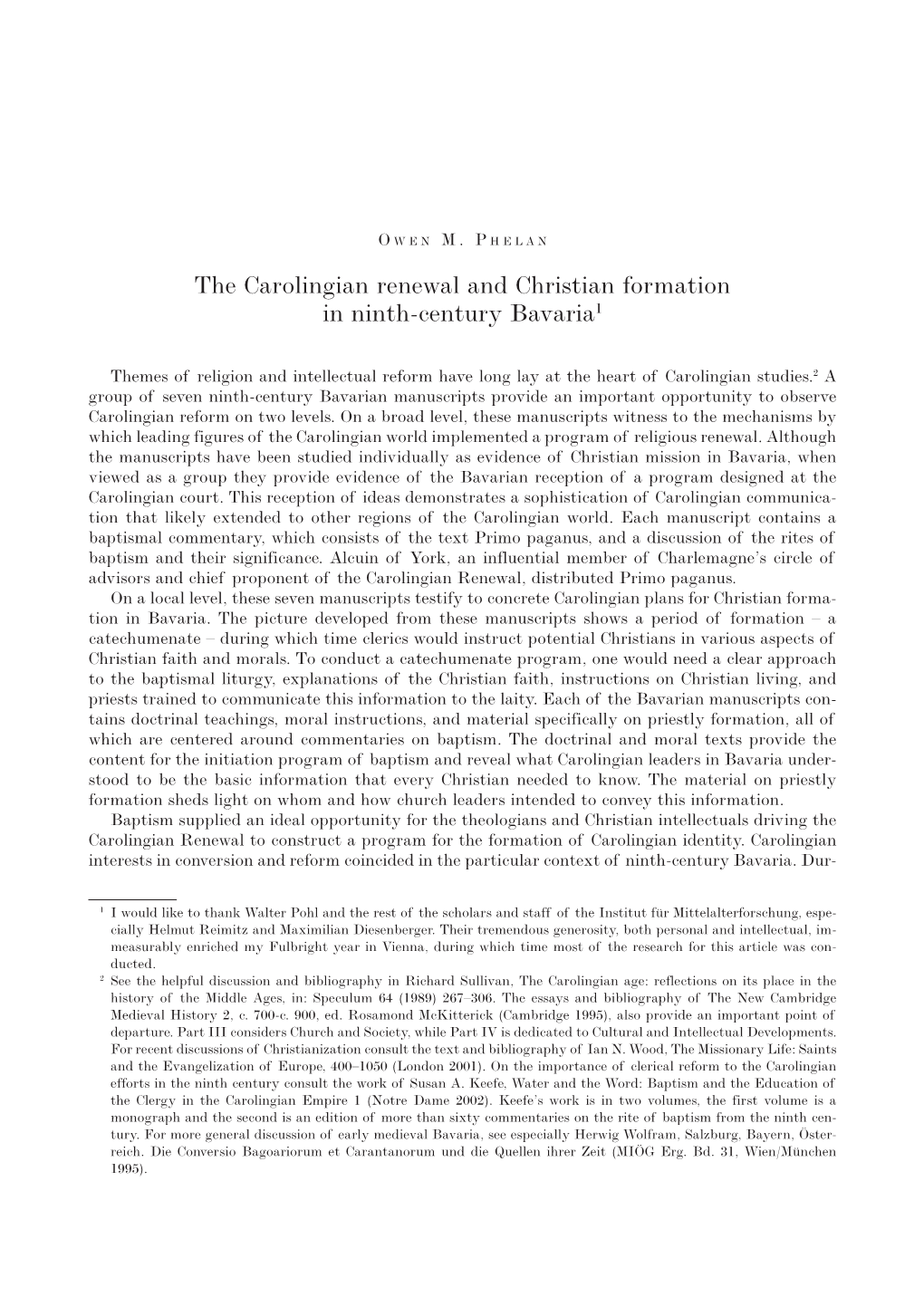 The Carolingian Renewal and Christian Formation in Ninth-Century Bavaria