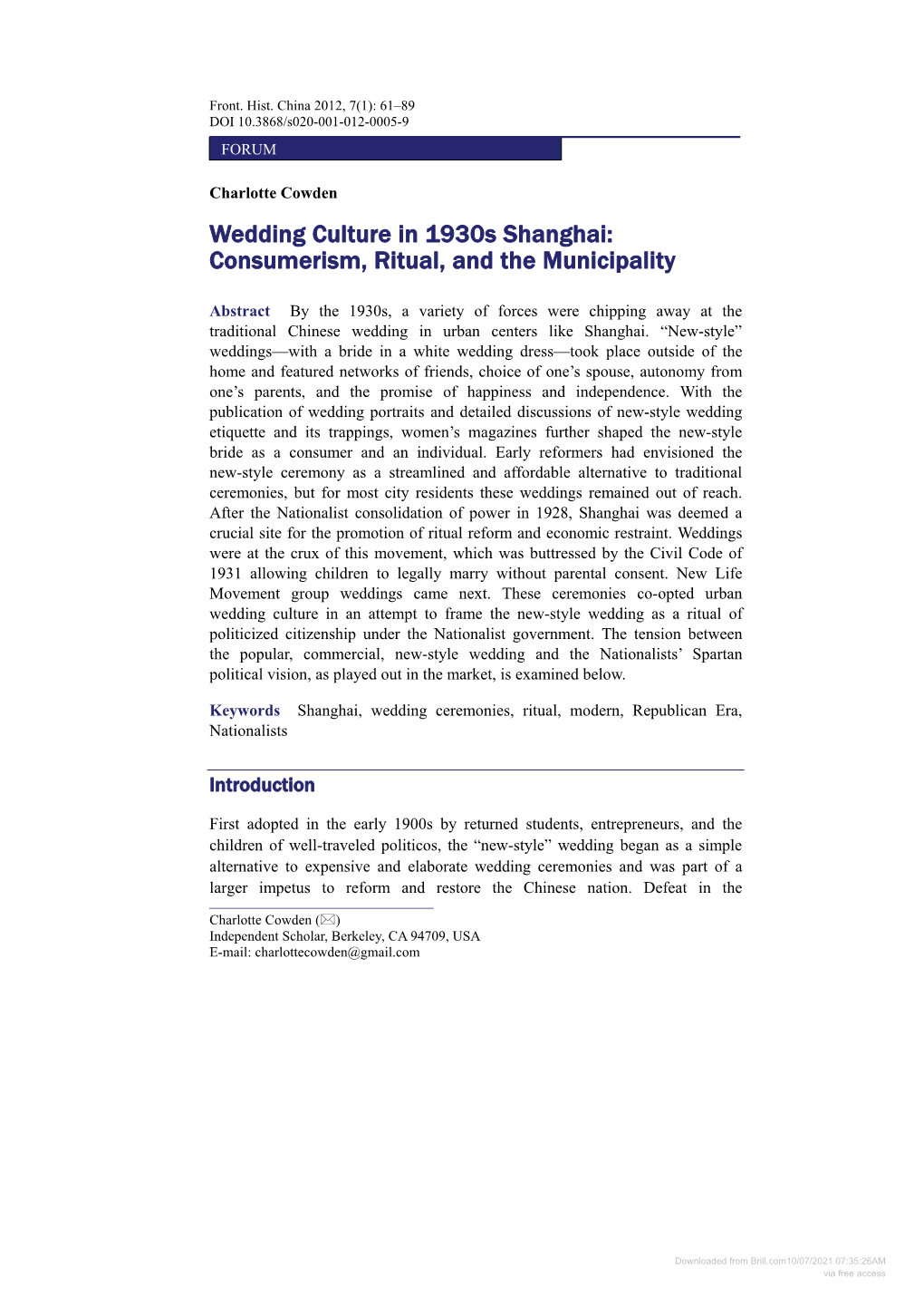 Wedding Culture in 1930S Shanghai: Consumerism, Ritual, and the Municipality