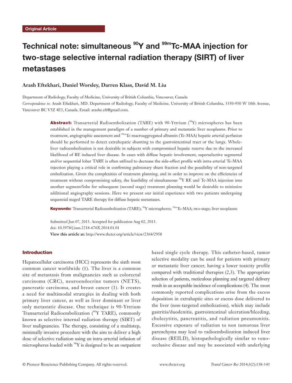 Simultaneous 90Y and 99Mtc-MAA Injection for Two-Stage Selective Internal Radiation Therapy (SIRT) of Liver Metastases