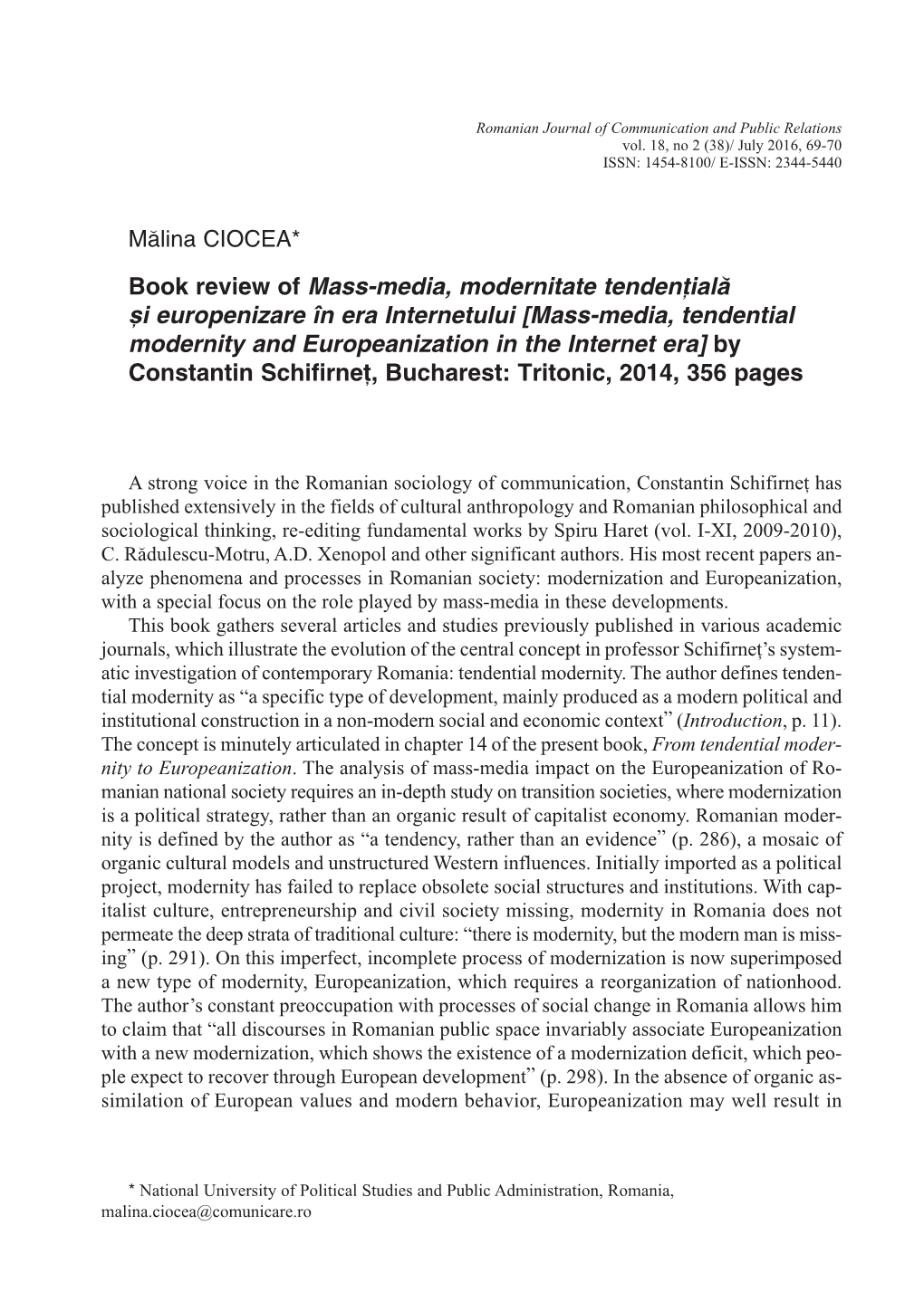 Mălina CIOCEA* Book Review of Mass-Media, Modernitate