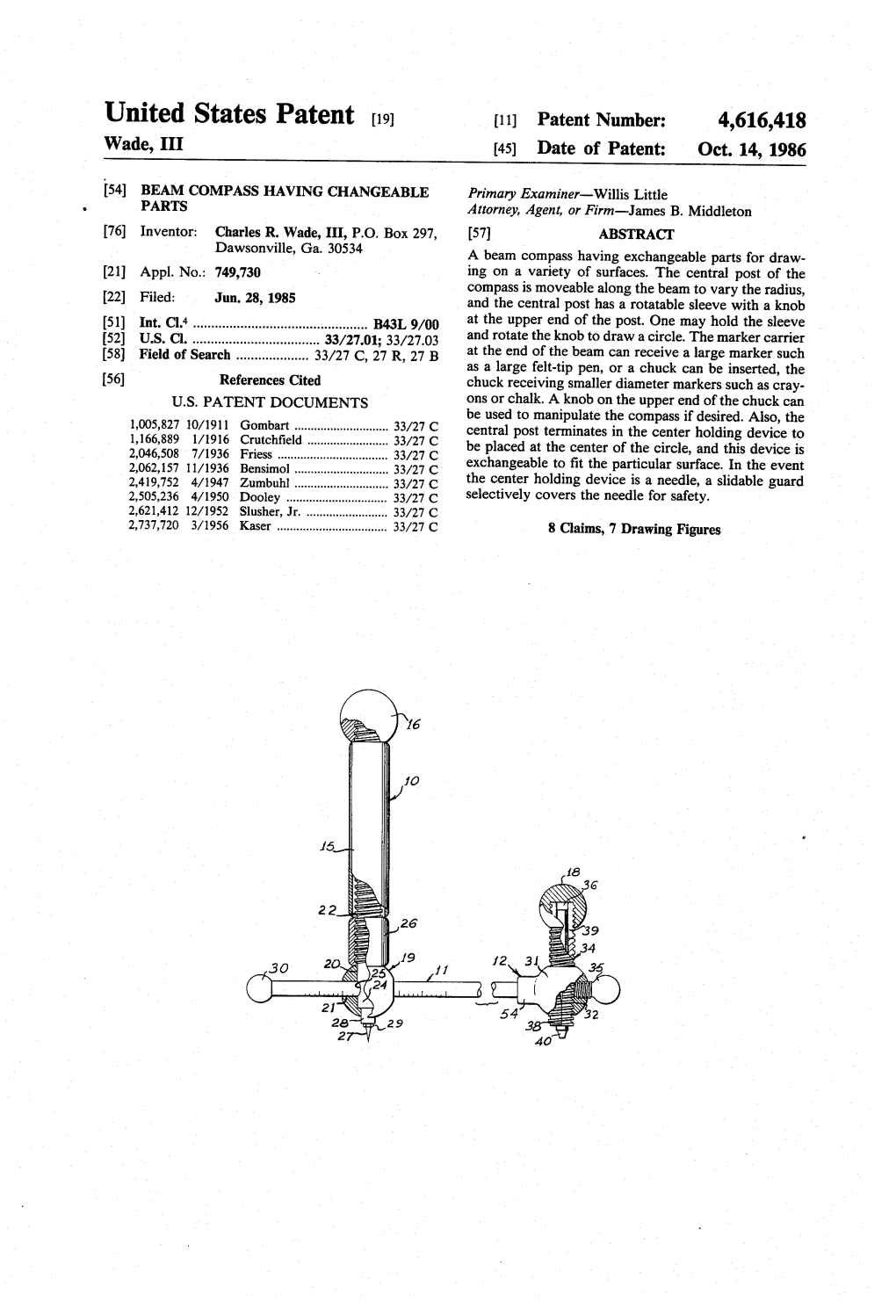 United States Patent [191 [11] Patent Number: 4,616,418 Wade, III [45] Date of Patent: Oct