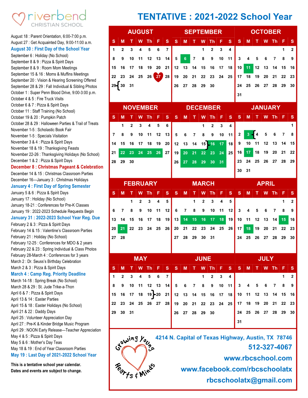 TENTATIVE : 2021-2022 School Year