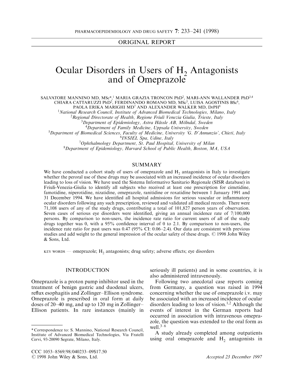 Ocular Disorders in Users of H2 Antagonists and of Omeprazole