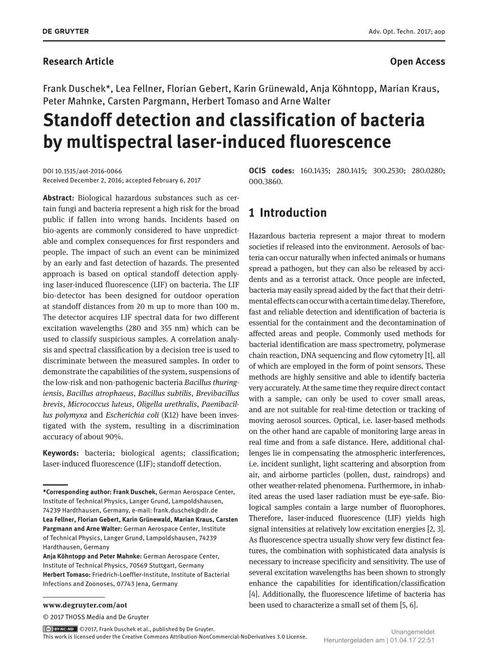 Standoff Detection and Classification of Bacteria by Multispectral Laser-Induced Fluorescence