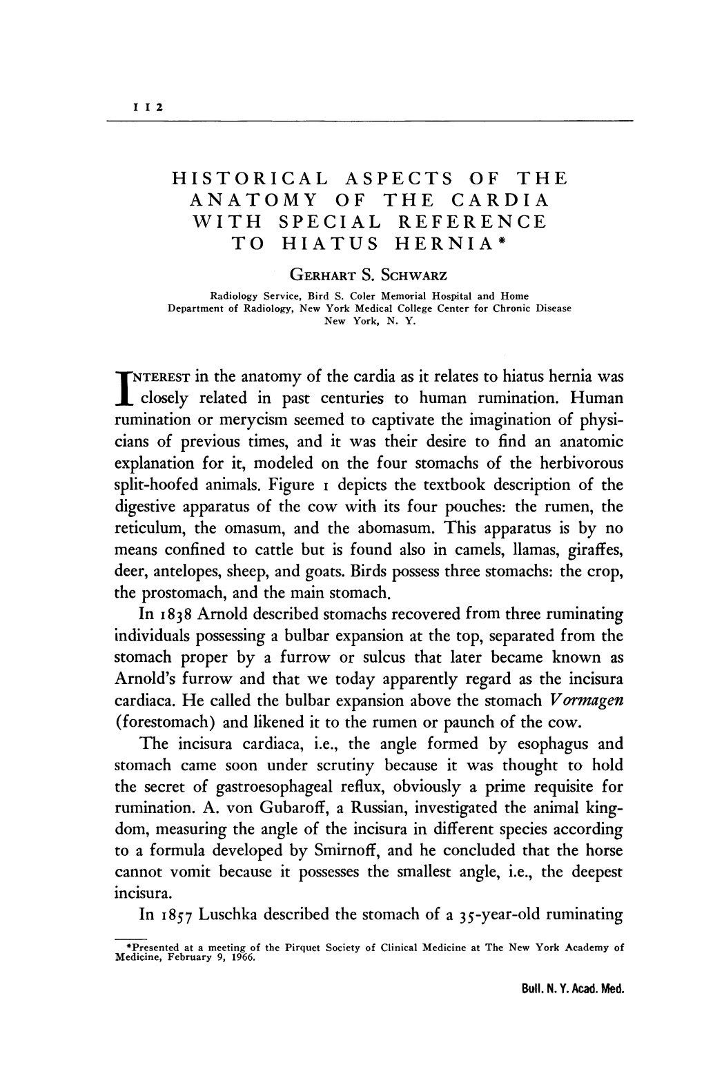 Historical Aspects of the Anatomy of the Cardia with Special Reference to Hiatus Hernia* Gerhart S