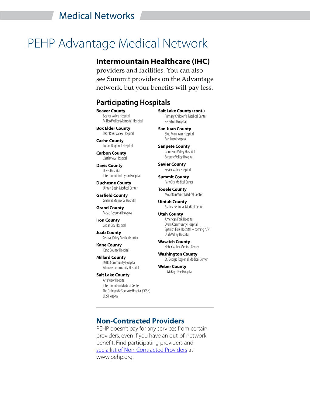 PEHP Advantage Medical Network Intermountain Healthcare (IHC) Providers and Facilities