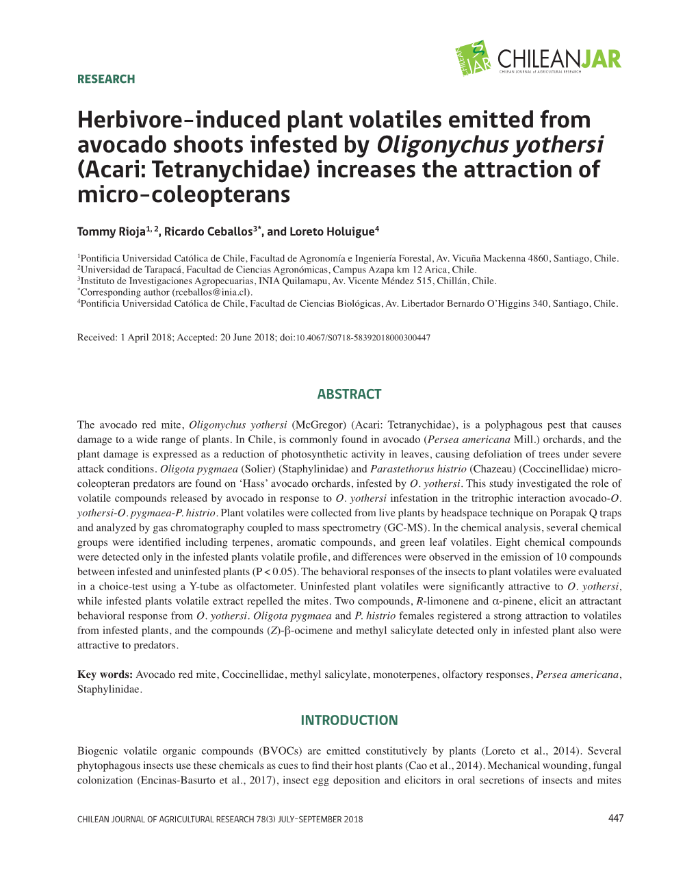 Herbivore-Induced Plant Volatiles Emitted from Avocado Shoots Infested by Oligonychus Yothersi (Acari: Tetranychidae) Increases the Attraction of Micro-Coleopterans