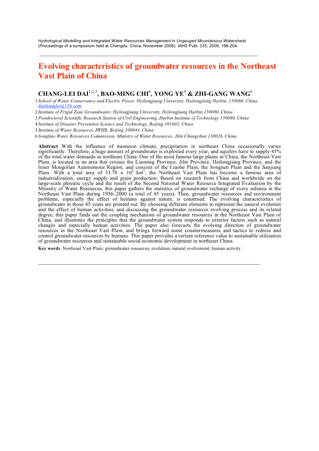 Evolving Characteristics of Groundwater Resources in the Northeast Vast Plain of China