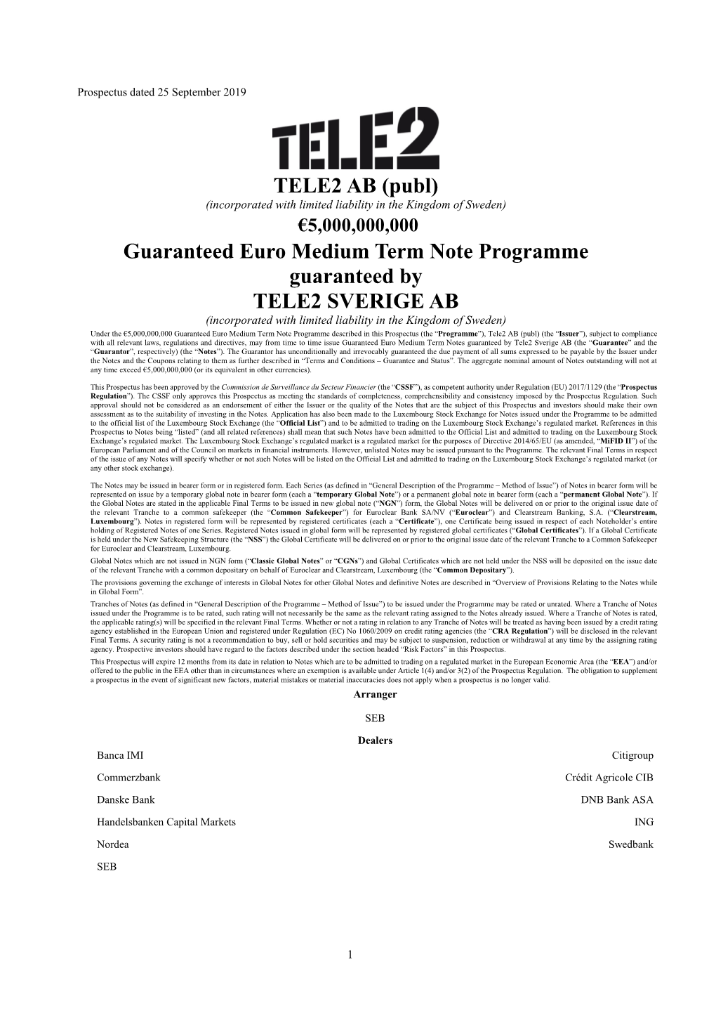 TELE2 AB (Publ) Guaranteed Euro Medium Term Note Programme