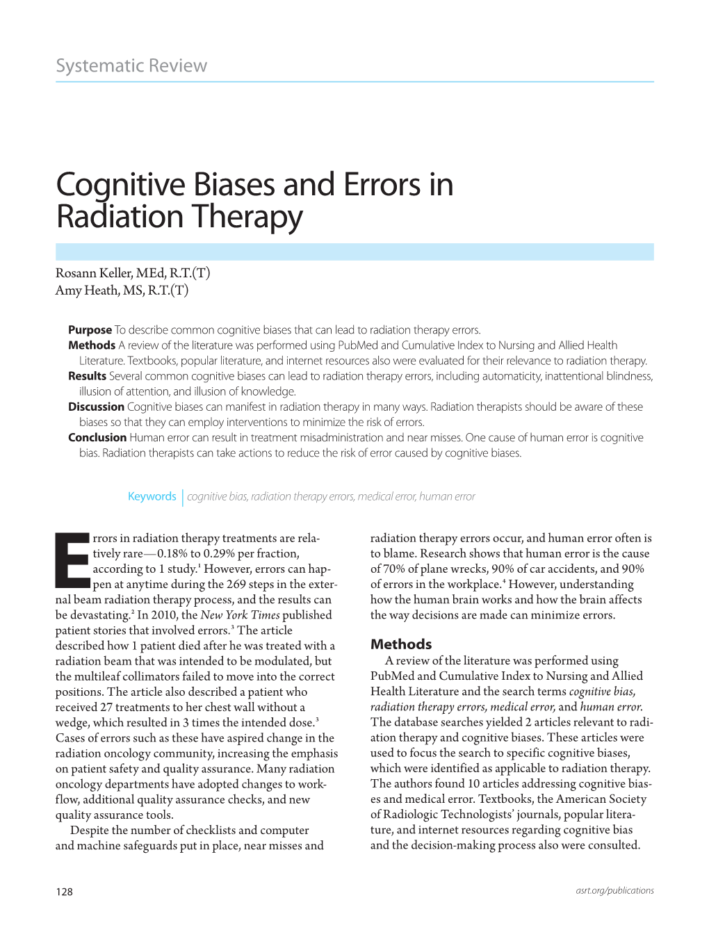 Cognitive Biases and Errors in Radiation Therapy