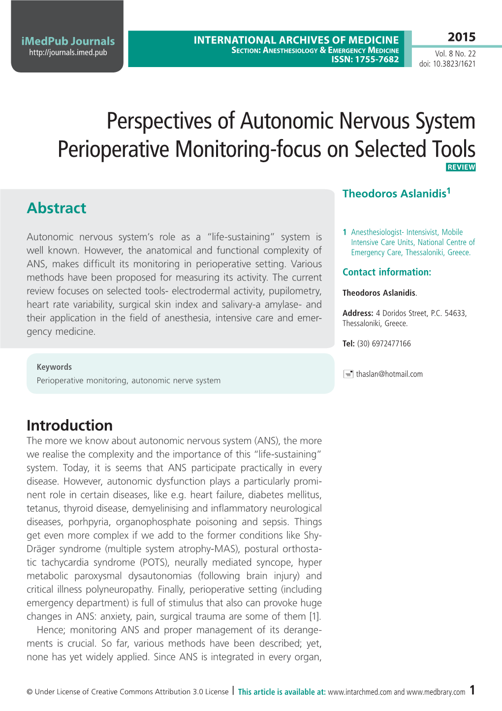 Perspectives of Autonomic Nervous System Perioperative Monitoring-Focus on Selected Tools Review