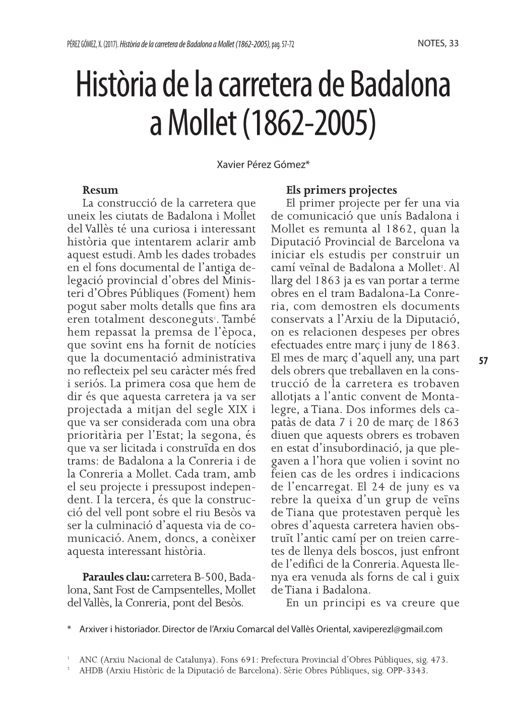 Història De La Carretera De Badalona a Mollet (1862-2005), Pag