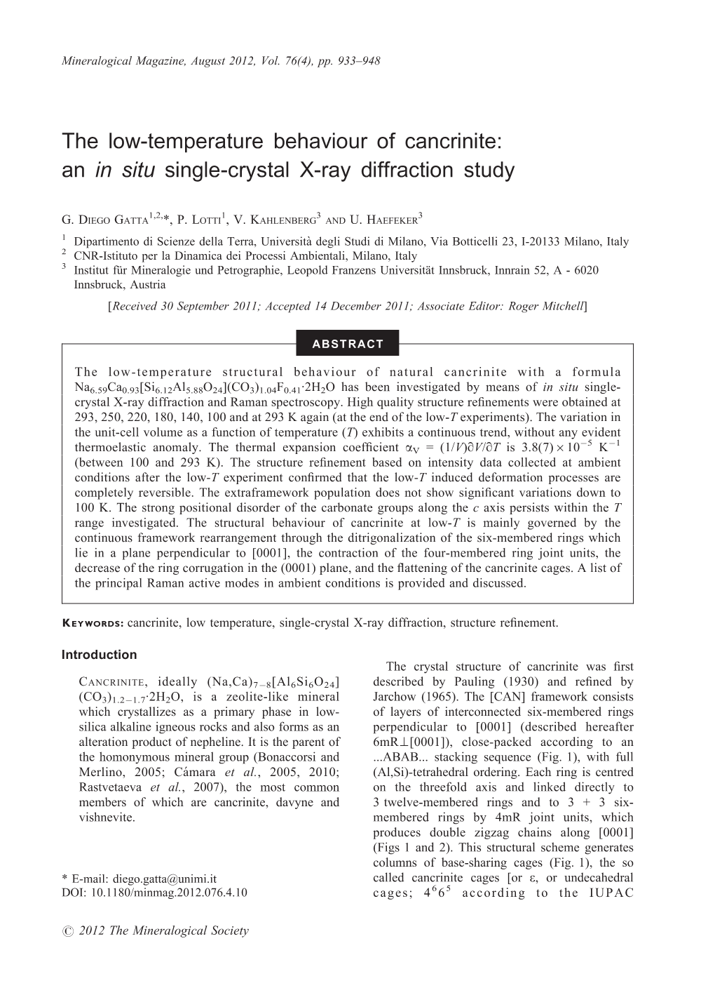 The Low-Temperature Behaviour of Cancrinite: an in Situ Single-Crystal X-Ray Diffraction Study