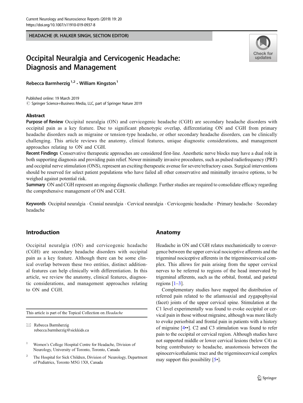Occipital Neuralgia and Cervicogenic Headache: Diagnosis and Management