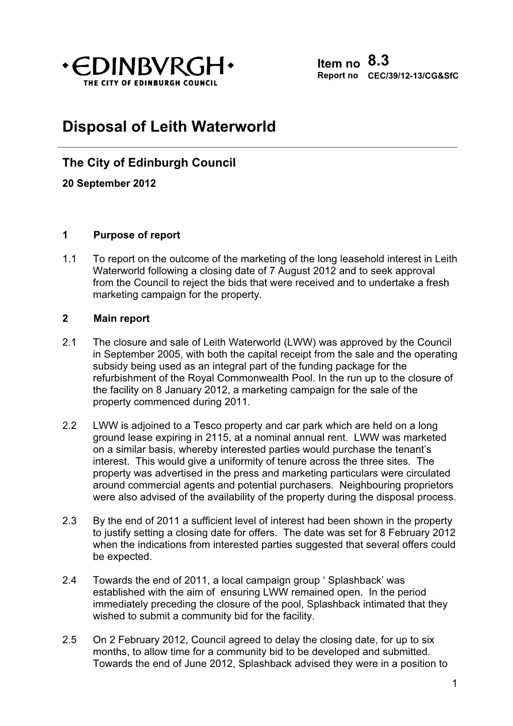 Disposal of Leith Waterworld